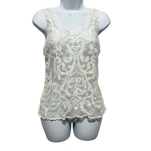 Express Women Tank Top XS Ivory Embroidered Mesh Lace Sheer Romantic Coquette